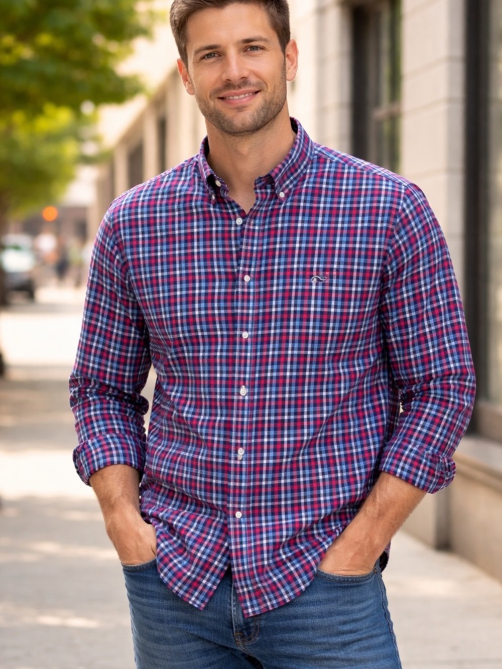 Vineyard Vines Men's Plaid Button-Down Shirt in Blue & Red